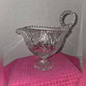 Vintage Footed Crystal Cut Glass Floral & X Pattern Sauce or Gravy Boat